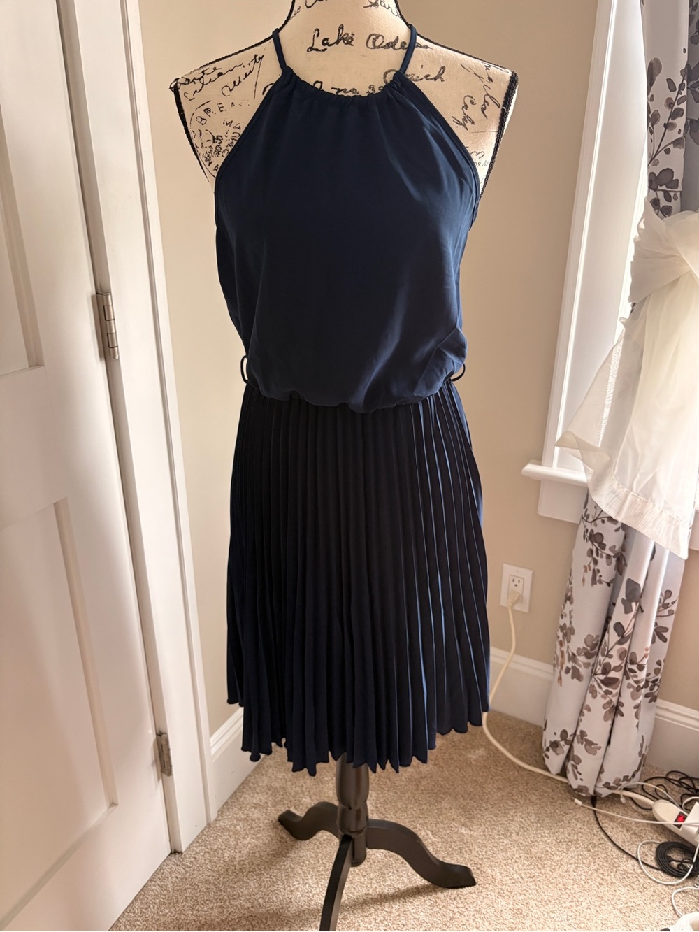 Amazon Navy Blue Pleated Halter Dress